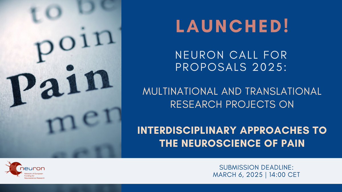ERA Net Neuron (@eraneuron) on Twitter photo 🎉 Exciting news! <a href="/EraNeuron/">ERA Net Neuron</a> has launched the JTC2025 call for proposals on "Interdisciplinary Approaches to the Neuroscience of Pain." 🧠🤝 Submission deadline: March 6, 2025 at 14:00 CET.
Learn more: neuron-eranet.eu/joint-calls/bi…
#PainResearch #Neuroscience #ResearchFunding 🎉 Exciting news! <a href="/EraNeuron/">ERA Net Neuron</a> has launched the JTC2025 call for proposals on "Interdisciplinary Approaches to the Neuroscience of Pain." 🧠🤝 Submission deadline: March 6, 2025 at 14:00 CET.
Learn more: neuron-eranet.eu/joint-calls/bi…
#PainResearch #Neuroscience #ResearchFunding