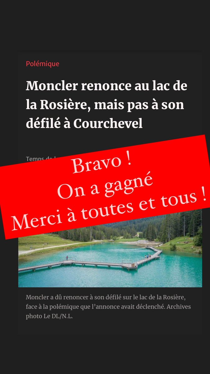 Valerie_Paumier's tweet photo. Scandale @Moncler @courchevel
Suite et fin 👏👏👏
🤍 ON A GAGNÉ !
@Moncler n’organisera finalement pas son défilé au lac de la rosière à #courch , zone protégée !
Merci à toutes et tous qui avez aidé. https://t.co/p7Ozh6wopd