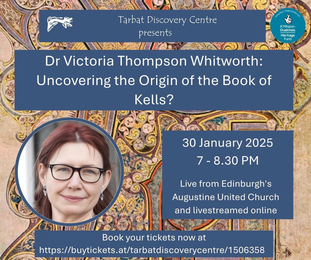 An exciting event to support our Building repairs fund at Tarbat Discovery centre. 

Dr Victoria Thompson Whitworth : uncovering the origin of the  Book of Kells?

🗓 Thursday, 30 January 2025 
⏰ 7-8:30 pm
📍 Augustine United Church  
🎟 Tickets: tickettailor.com/events/tarbatd…