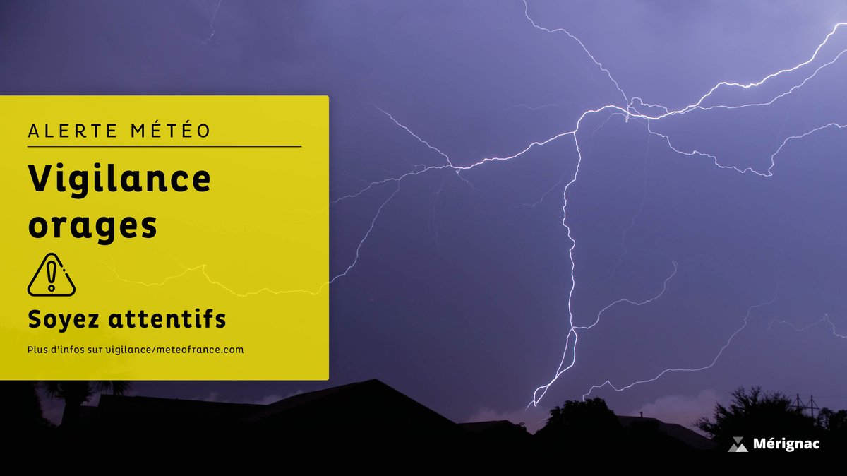 Ville de Mérignac (@merignac) on Twitter photo 🌨️ #AlerteMétéo 🌬️
⚠️ La #Gironde est placée en vigilance 🟡 pour le risque de vents violents et d'orages.
❌ Fermeture des parcs jeudi 9 janvier.
🌳 Réouverture au fur et à mesure des vérifications de sécurité vendredi 10 janvier.
Plus d’infos 👇 
vigilance.meteofrance.fr/fr/gironde 🌨️ #AlerteMétéo 🌬️
⚠️ La #Gironde est placée en vigilance 🟡 pour le risque de vents violents et d'orages.
❌ Fermeture des parcs jeudi 9 janvier.
🌳 Réouverture au fur et à mesure des vérifications de sécurité vendredi 10 janvier.
Plus d’infos 👇 
vigilance.meteofrance.fr/fr/gironde