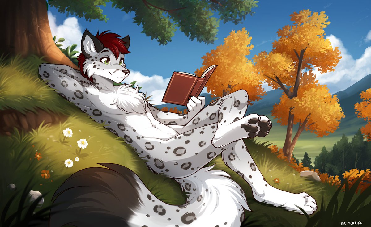 Giftart for Turaiel, my webmaster, the guy who keeps the Twokinds comics online! The website wouldn't be what it is now without him, so here's art of his fox/snep hybrid, reclining on a hillside with a good book.
