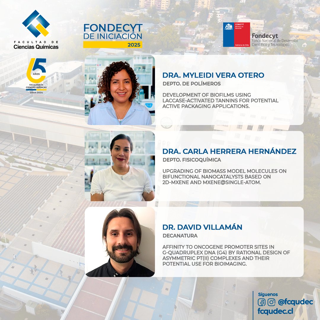 🎉 ¡Fondecyt de Iniciación 2025! Felicitamos a nuestras investigadoras e investigadores destacados:
✨ Dra. Myleidi Vera, Depto. de Polímeros.
✨ Dra. Carla Herrera, Depto. de Fisicoquímica.
✨ Dr. David Villamán, Decanatura.
¡Gracias por su contribución a la ciencia! 🌟