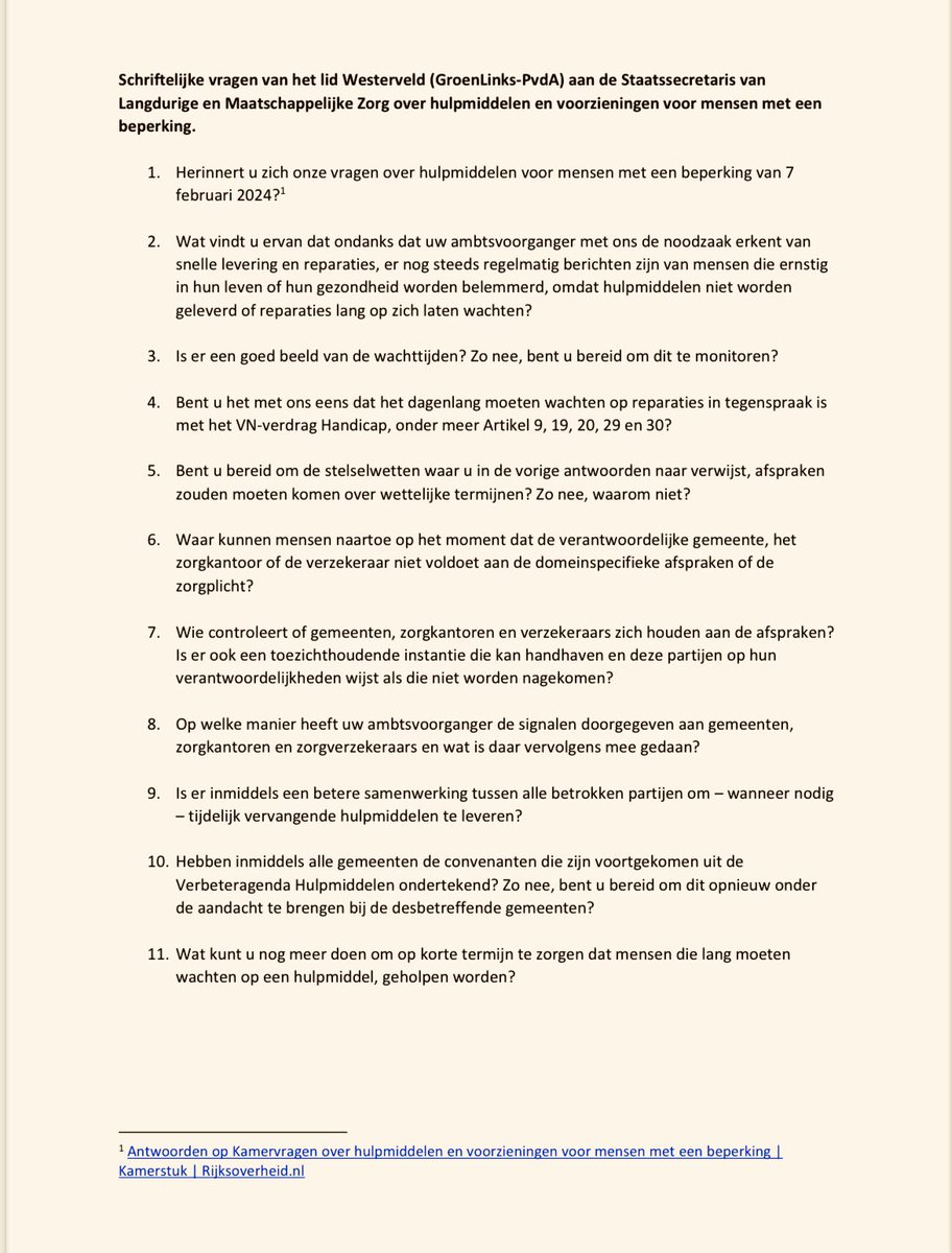 Stel je eens voor: je zit vast in je huis omdat je hulpmiddel maar niet wordt gerepareerd. 

En je weet niet hoe lang het nog duurt...

Deze verhalen hoor ik te vaak. Dus ik wil weten wat er van eerdere beloftes is terechtgekomen. Mijn Kamervragen.👇🏼

tweedekamer.nl/kamerstukken/k…