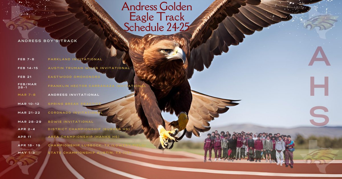 Coach Matt Jones (@iamcoachjones4) on Twitter photo Golden Eagle 24-25 Track Schedule
<a href="/AndressHS_Track/">Andress HS Track AND Field</a> <a href="/AHSGoldenEagles/">Andress High School</a> <a href="/EagleAndress/">AndressGoldenEagleAthletics</a> <a href="/CoachTaylor_CT/">Chris Taylor</a> <a href="/ODPHIRuben/">Luis Ruben Alarcon</a> Golden Eagle 24-25 Track Schedule
<a href="/AndressHS_Track/">Andress HS Track AND Field</a> <a href="/AHSGoldenEagles/">Andress High School</a> <a href="/EagleAndress/">AndressGoldenEagleAthletics</a> <a href="/CoachTaylor_CT/">Chris Taylor</a> <a href="/ODPHIRuben/">Luis Ruben Alarcon</a>