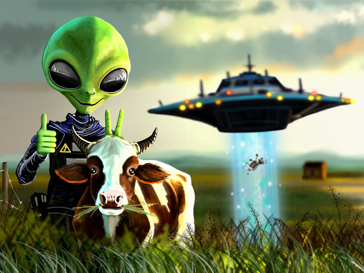 GrandARTchitect's tweet photo. My latest painting, an actual depiction of @elonmusk stealing @OwenBenjamin 's cattle to bring them back home to Mars so he can try warming up the atmosphere with cow farts! :)

Aliens In The Field : https://t.co/JjPikdPktx
