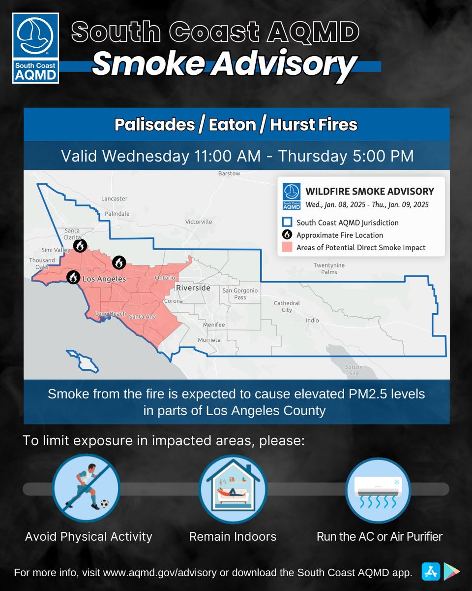 WILDFIRE SMOKE ADVISORY EXTENDED (Thursday, January 8 - Wednesday, January 9):
#PalisadesFire (Pacific Palisades), #EatonFire (Pasadena/Altadena area), and #HurstFire (near San Fernando) continue to affect our air quality: aqmd.gov/advisory

For real time air quality