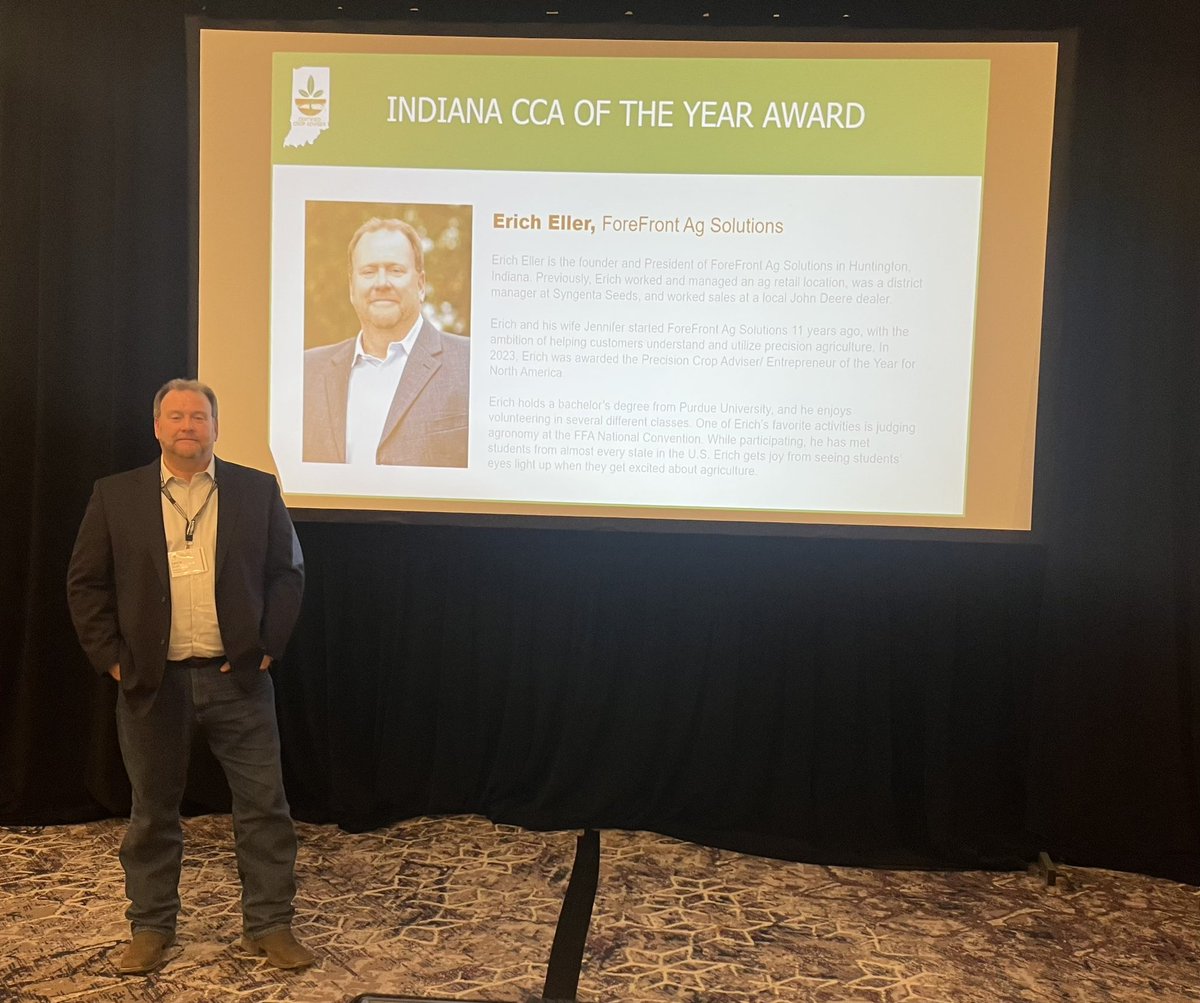 🏆Huge congratulations to <a href="/EllerErich/">ForeFrontAgSolutions</a> on winning the Indiana Certified Crop Advisor Award! 🏆

This recognition highlights Erich's innovative approach to integrating cutting-edge technology with solid agronomic principles. Truly well-deserved! He was one of the first users of