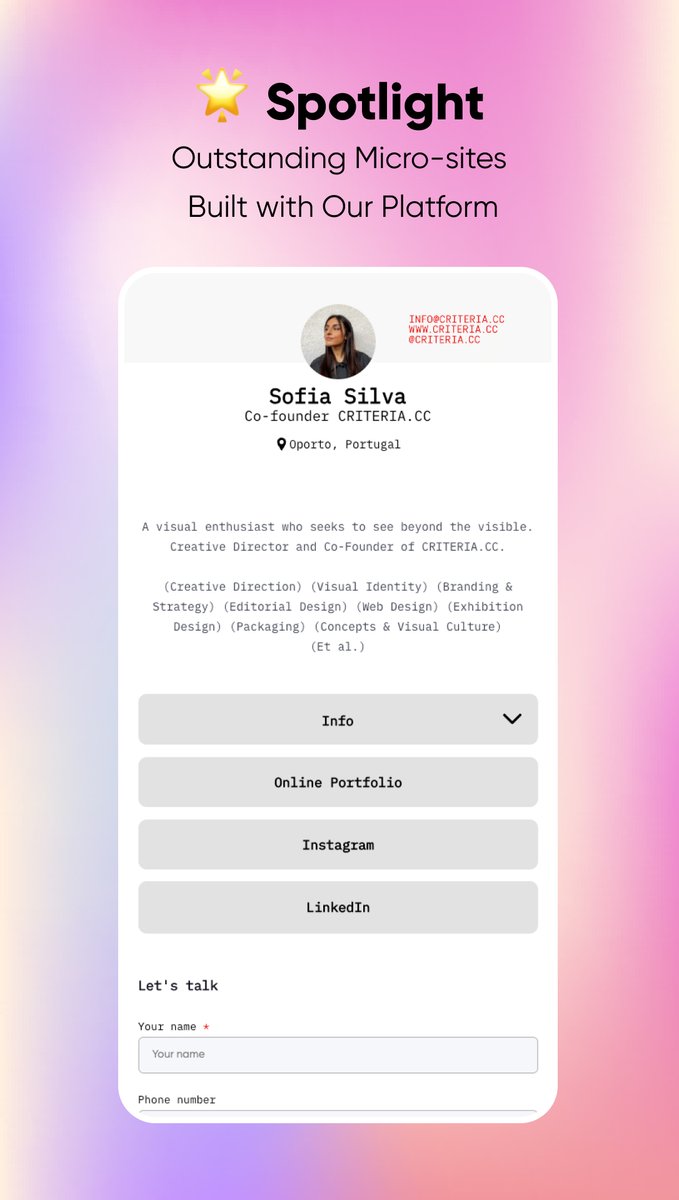 Excited to showcase Sofia Silva's micro-site! As Creative Director, she transforms the invisible into striking visual narratives across print and digital realms. 

many.bio/sofiasilvadesi…