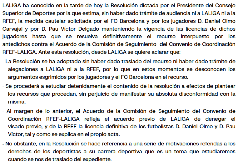 partidazocope's tweet photo. 🚨 OFICIAL I Comunicado de @LaLiga sobre la decisión del CSD

❌ "La Resolución se ha adoptado sin haber dado traslado del recurso ni haber dado trámite de alegaciones a LALIGA ni a la RFEF. Se desconocen los argumentos esgrimidos por los jugadores y el Barça"

📻 #PartidazoCOPE https://t.co/vnK3x5Lz90