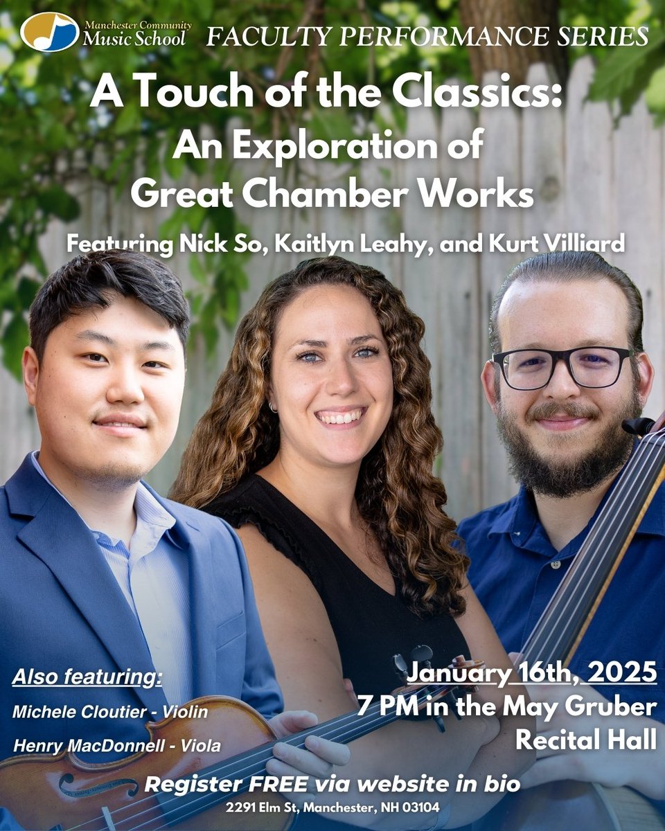 Our fourth Faculty Performance Series concert: A Touch of the Classics: An Exploration of Great Chamber Works featuring our very own Nicholas So, Kaitlyn Leahy, and Kurt Villiard is taking place next Thursday, January 16th! 

mcmusicschool.org/faculty-perfor…

*WALK-INS ARE WELCOME*