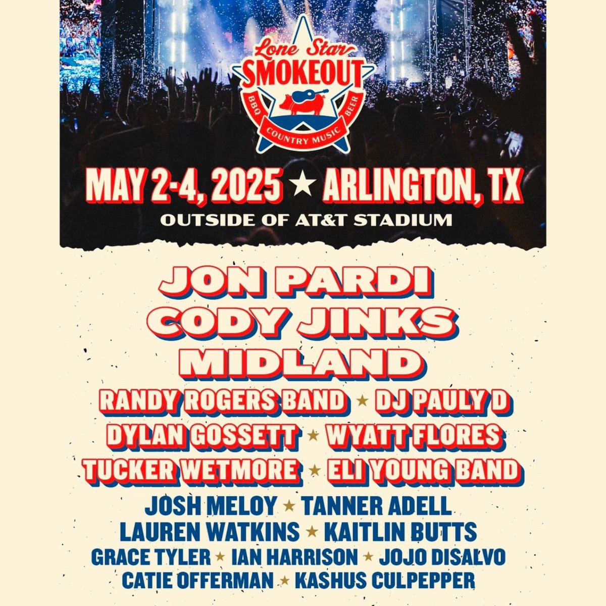 Holler (@hollercountry) on Twitter photo .<a href="/JonPardi/">Jon Pardi</a>, <a href="/MidlandOfficial/">Midland</a> & <a href="/CodyJinksMusic/">Cody Jinks</a> have been announced as the headliners for Lone Star Smokeout 2025. 🔥
Other acts on the star-studded lineup include <a href="/randyrogersband/">Randy Rogers Band</a>, <a href="/WyattFlores10/">Wyatt Flores</a> and <a href="/TuckerWetmore/">Tuck</a>
All Details: holler.country/festivals/lone… .<a href="/JonPardi/">Jon Pardi</a>, <a href="/MidlandOfficial/">Midland</a> & <a href="/CodyJinksMusic/">Cody Jinks</a> have been announced as the headliners for Lone Star Smokeout 2025. 🔥
Other acts on the star-studded lineup include <a href="/randyrogersband/">Randy Rogers Band</a>, <a href="/WyattFlores10/">Wyatt Flores</a> and <a href="/TuckerWetmore/">Tuck</a>
All Details: holler.country/festivals/lone…