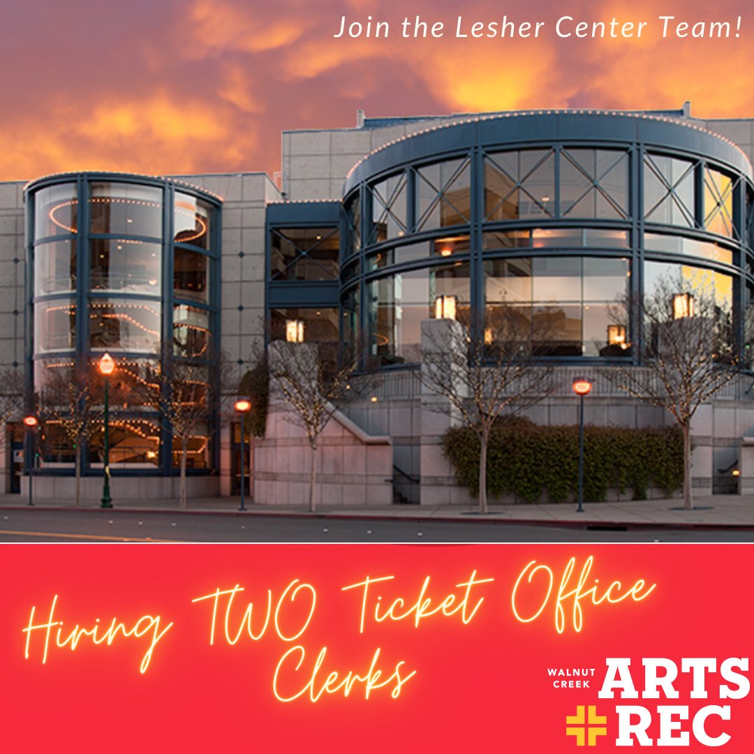 #nowhiring 2 Ticket Office Clerks! Visit walnutcreekca.gov/careers and #applyonline by, 1/22/2025!

#CityofWalnutCreek#LesherCenter#CenterREP#artsjobs#theatrejobs#TicketOfficeClerk#TicketOfficeClerks #nowhiring #citycareers #cityjobs#governmentjobs#applynow #jobopenings