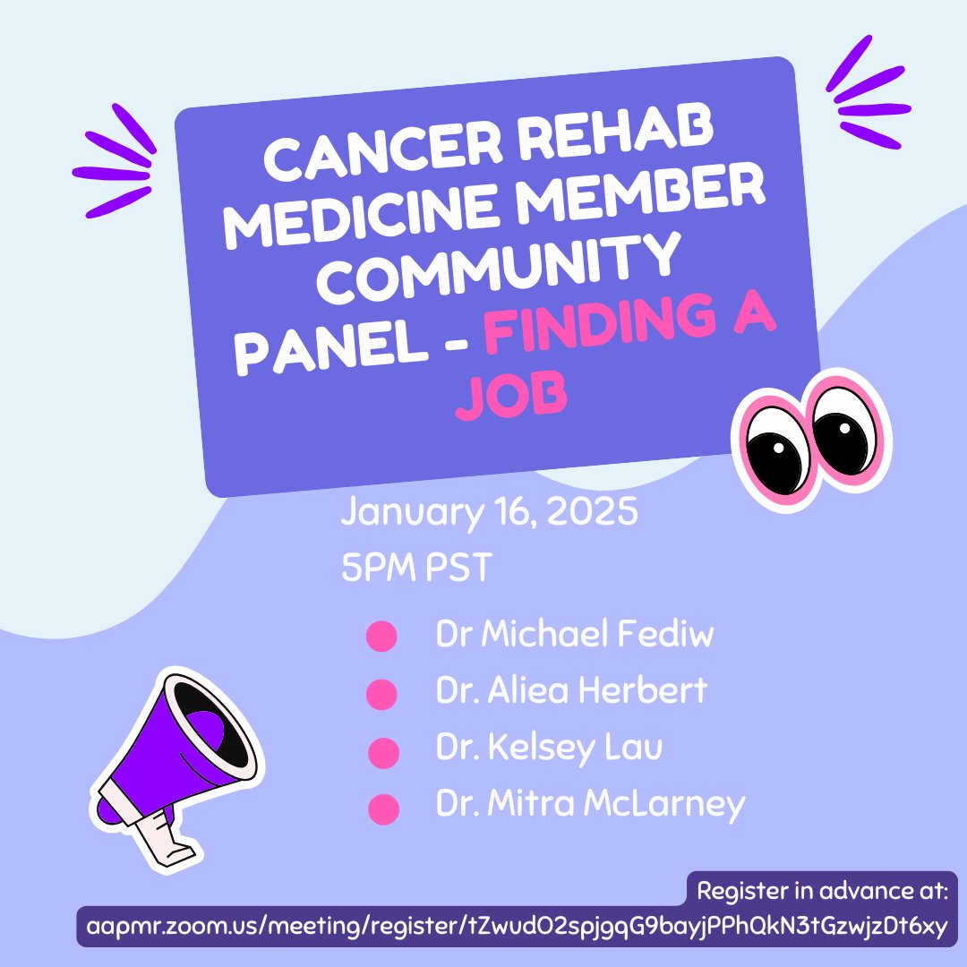 If you are considering or actively looking for a job in cancer rehabilitation medicine, please join us for this panel discussion featuring experts in academic and community settings. Register in advance at: aapmr.zoom.us/meeting/regist…