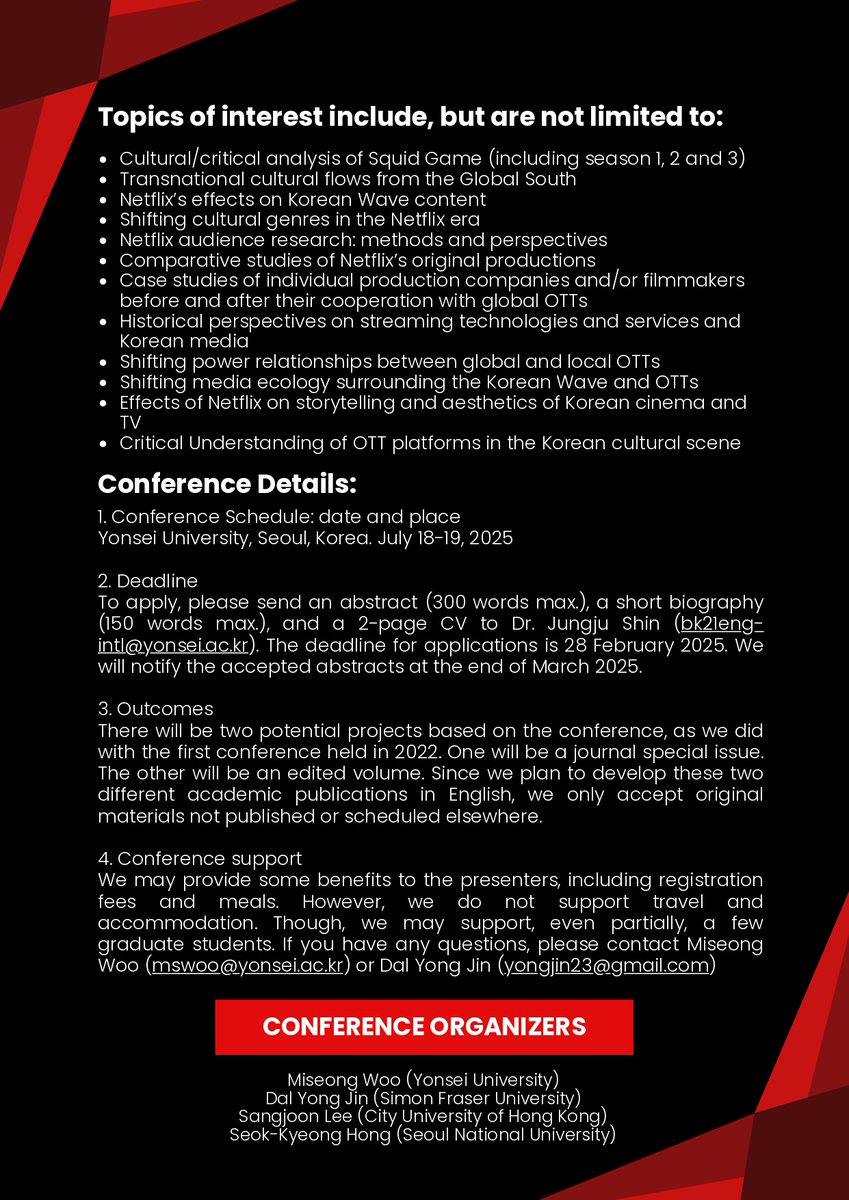 Squid Game 2 is out. Call for conference paper 

Squid Game 2 has made another history in the global cultural sphere. Regardless of several critical reviews, global audiences are enjoying this Korean Netflix original series. Please check the call for conference papers.