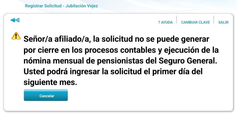 LizzyBor9's tweet photo. ¿Por qué el sistema del @IESSec reporta este mensaje? Esto no permite el ingreso de solicitudes de jubilación de vejez. 

Por cierto, el video al que dirige la página web del IESS, muestra un sistema que no corresponde al que, al momento, muestra la página web del IESS: ⤵️ https://t.co/iuyffG6Pfy