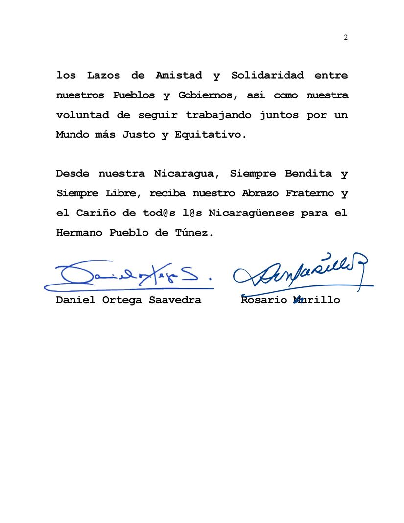 Comandante Daniel Ortega y Compañera Rosario Murillo envían mensaje a su excelencia, hermano Kais Saied, Presidente de la República de Túnez, por su atenta comunicación enviada a nuestro pueblo y gobierno.