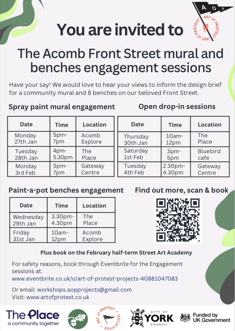 Come along to these sessions hosted by Art of Protest to have your say on Acomb Front Street mural and benches.
