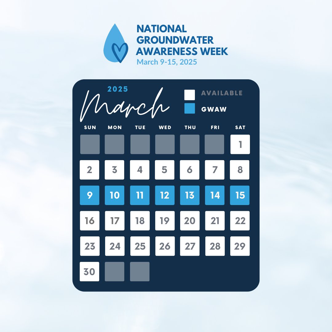 📅 Mark your calendar for Groundwater Awareness Week — March 9-15, 2025!

This week brings attention to groundwater’s role in supplying homes, farms, and communities with clean water.  Stay tuned for tips, resources, and ways to get involved! Learn more: ngwa.org/get-involved/g…