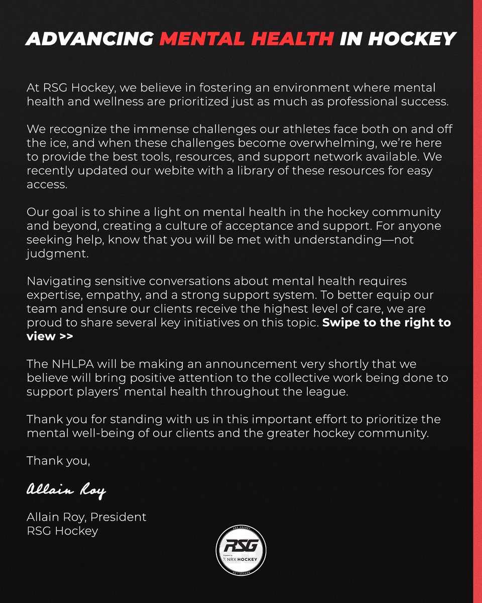 rsghockey's tweet image. An important note on the state of mental health in the game today. If you or anyone you know are struggling, please reach out for help.

The library of resources can be found through our website link in our bio.

#RSGHockey #NRXHockey #MentalHealthAwareness