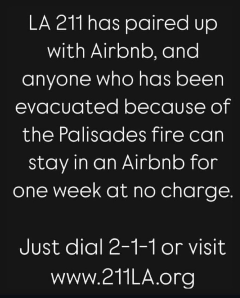 HollywoodVocal's tweet photo. If you are in need of housing due to the SoCal fired, @Airbnb can help! #PalisadesWildfire #LosAngelesFire #LosAngeles https://t.co/SQ2rtUYf7N