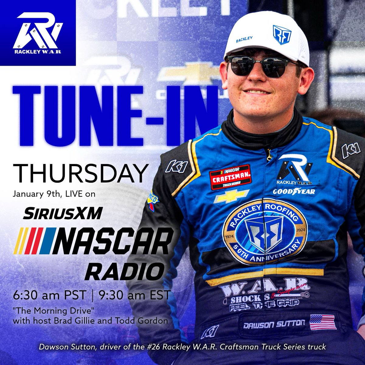 Coming up TOMORROW! @dawsonsutton26 checks back in with <a href="/SiriusXMNASCAR/">SiriusXM NASCAR Radio (Ch. 90)</a> for an update on his 2025 Rookie of the Year run in the <a href="/NASCAR_Trucks/">NASCAR CRAFTSMAN Trucks</a>! 

Tune in at 9:30 a.m. ET as Dawson chats with Brad Gillie and Todd Gordon for “The Morning Drive”! 

#RackleyWAR | #NASCAR