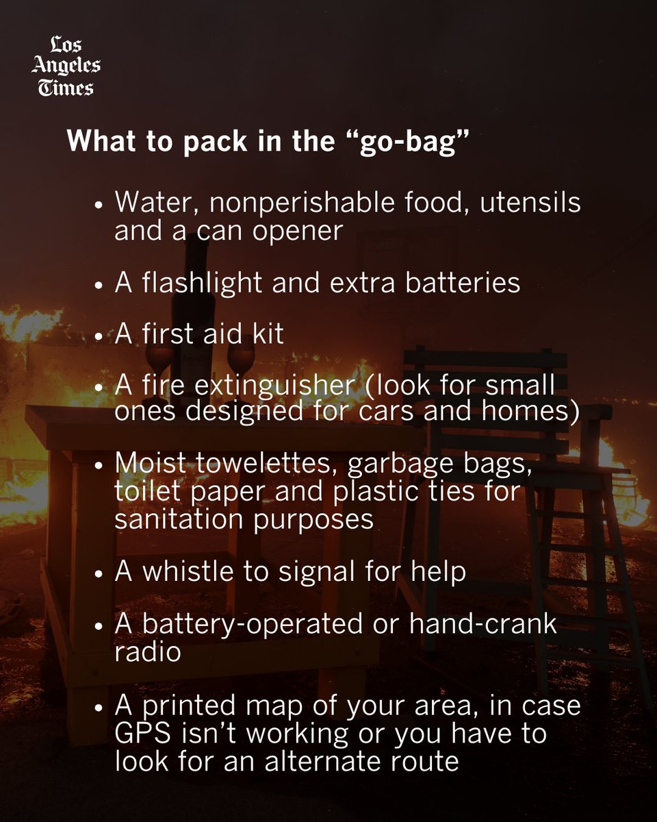 If you receive an evacuation warning, don’t wait to pack your “go-bag” and make sure to remember your essential items. Here's what you should pack, along with some more helpful tips: latimes.com/california/sto…