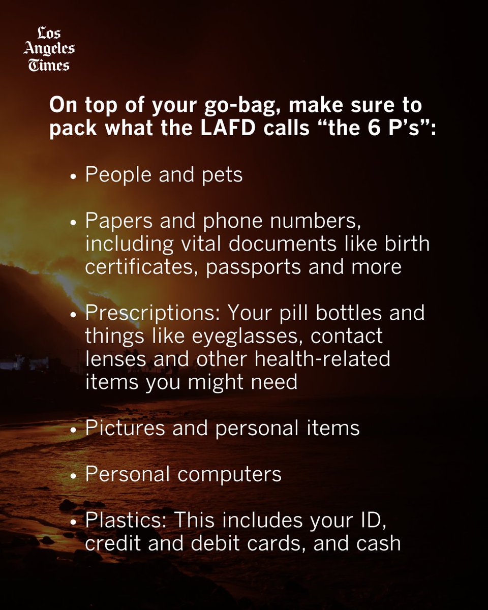 latimes's tweet photo. If you receive an evacuation warning, don’t wait to pack your “go-bag” and make sure to remember your essential items. Here's what you should pack, along with some more helpful tips: https://t.co/99HNnxTRqr https://t.co/gaYr4zov2K