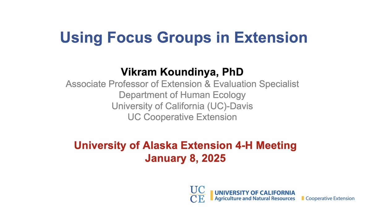 I had an opportunity to share my experiences of 'using focus groups in extension' with <a href="/uafairbanks/">UA Fairbanks</a> Extension 4-H professionals. I shared examples from my <a href="/ucanr/">Ag&Natural Resources</a> and other collaborative work. Thank you Dr. <a href="/AldiniNorris/">Alda Norris</a> for the invitation! <a href="/ucdavisCAES/">CA&ES, UC Davis</a> <a href="/UCDHumanEcology/">UC Davis Human Ecology</a>