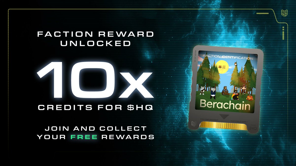 New Faction Unlocked 🔓🐻

If you hold a <a href="/berachain/">Berachain Foundation 🐻⛓</a> NFT from one of those collections:
Bond Bears, Boo Bears, The Baby Bears, The Band Bears, Berachain Bit Bears, <a href="/0xhoneyjar/">the honey jar 🐼⛓️‍🧲</a>, <a href="/Beramonium/">Beramonium Chronicles(🐻,🧙🏻‍♂️)</a>, <a href="/beraplug/">Beraplug (🐻,🔌)</a>

Holders can claim FREE 10x Credits for $HQ

app.mvhq.io/missions/berac…