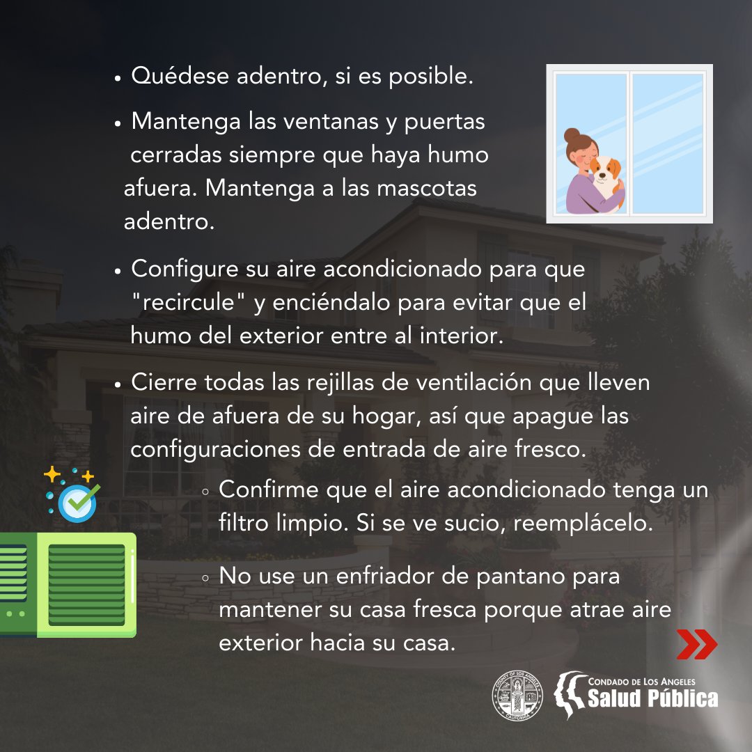 Puede estar expuesto al humo y respirarlo sin verlo ni olerlo. Deslice para ver los pasos que puede seguir para protegerse a sí mismo y a su familia del humo.

Para obtener más información, visite publichealth.lacounty.gov/eh/safety/wild…

1/2