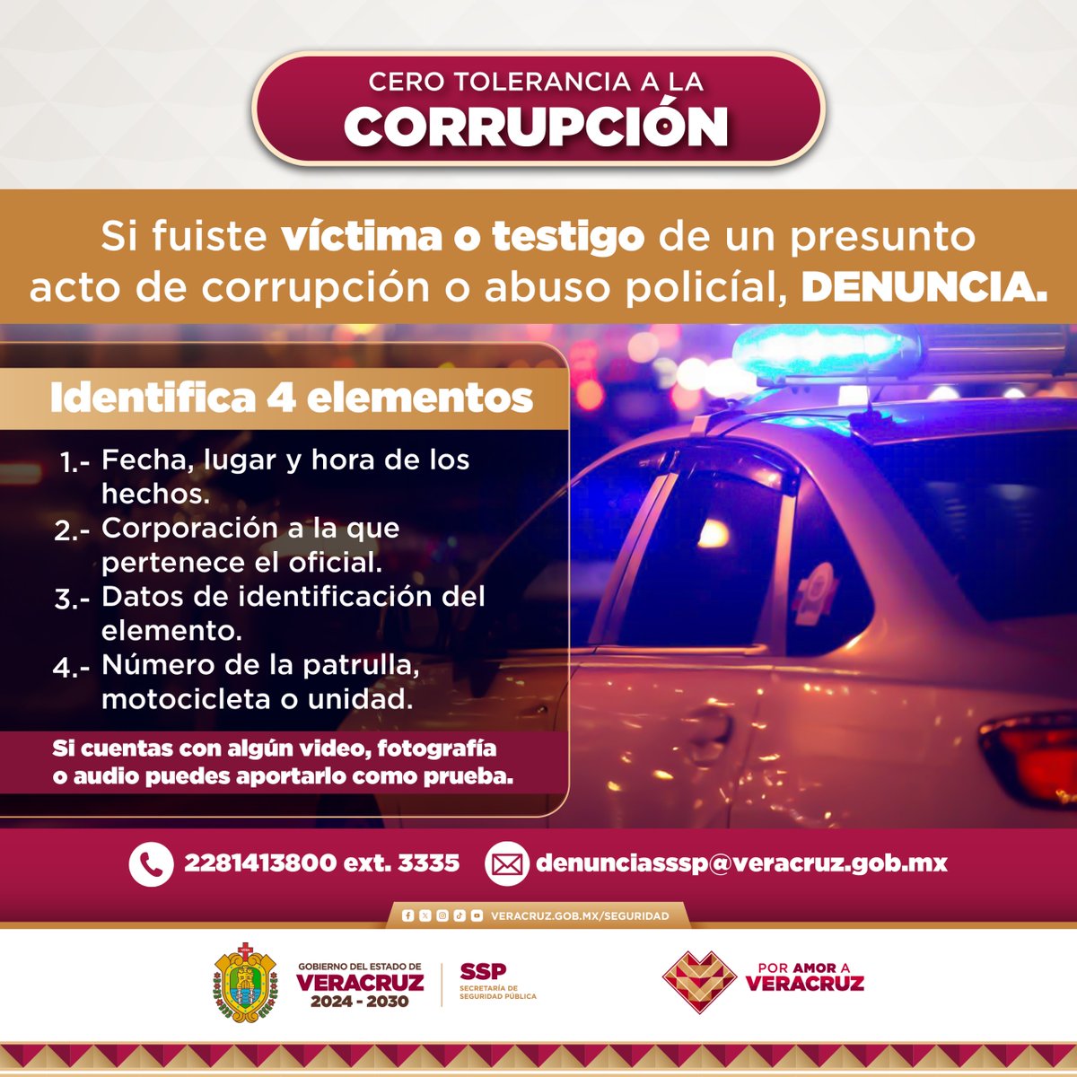 🚨 ¡DENUNCIA LA CORRUPCIÓN!

Si fuiste víctima o testigo de un acto de corrupción o abuso policial de un elemento de la #SSPVER, ¡No te quedes callado!🛑

📞 2281413800 ext. 3335
📧 denunciasssp@veracruz.gob.mx

#CeroTolerancia #PorAmorAVeracruz