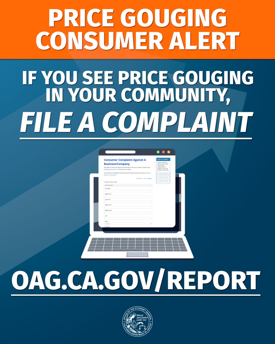 As wildfires continue to devastate LA, remember that price gouging on essentials during a state of emergency is illegal.
 
Stay safe, listen to your local emergency officials, and report suspected price gouging to my office at oag.ca.gov/report or local law enforcement.