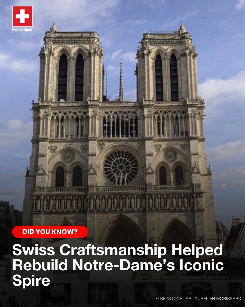AbtSwitzerland's tweet photo. Swiss craftsmanship at the top of Notre-Dame! 🇨🇭🏰

After the 2019 fire, Corbat Sawmill, the largest oak sawmill in Switzerland, played a key role in the cathedral's rebirth by carving the wood used to rebuild its iconic spire.

ℹ️: https://t.co/cnyWEtNPuB https://t.co/3SjWFjaZoU