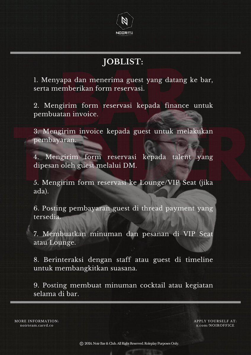 NOIROFFICE's tweet image. ‼️ATTENTION‼️

Noir Bar and Club is hiring a bartender!

If you're passionate about the nightlife industry and ready to join a dynamic team, this is your chance. We're looking for someone dedicated to bring their energy to our vibrant atmosphere. Check out the details below!