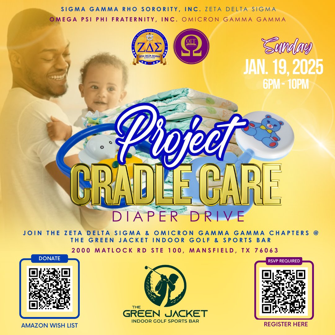 Join us TODAY at The Green Jacket in Mansfield for our annual Diaper Drive, teeing off at 6 PM! Support the Grand Prairie Pregnancy Center by donating: amzn.to/4hRKDpn

RSVP: bit.ly/403FYsF

#ZDStheBest #ProjectCradleCare #SigmaGammaRho #OmegaPsiPhi