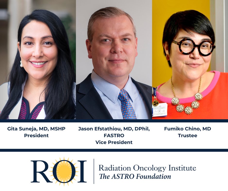 Radiation Oncology Institute-The ASTRO Foundation (@ro_institute) on Twitter photo Join ROI in celebrating 🎉our new Officers and Trustee! The start of 2025 marked the beginning of service for Dr. @GitaSuneja as President, Dr. <a href="/drjefstathiou/">Dr. Jason Efstathiou</a> as Vice President & Dr. <a href="/fumikochino/">Fumiko Ladd Chino, MD, FASCO</a> as a new member of the Board of Trustees.
More at: roinstitute.org/our-impact/the… Join ROI in celebrating 🎉our new Officers and Trustee! The start of 2025 marked the beginning of service for Dr. @GitaSuneja as President, Dr. <a href="/drjefstathiou/">Dr. Jason Efstathiou</a> as Vice President & Dr. <a href="/fumikochino/">Fumiko Ladd Chino, MD, FASCO</a> as a new member of the Board of Trustees.
More at: roinstitute.org/our-impact/the…