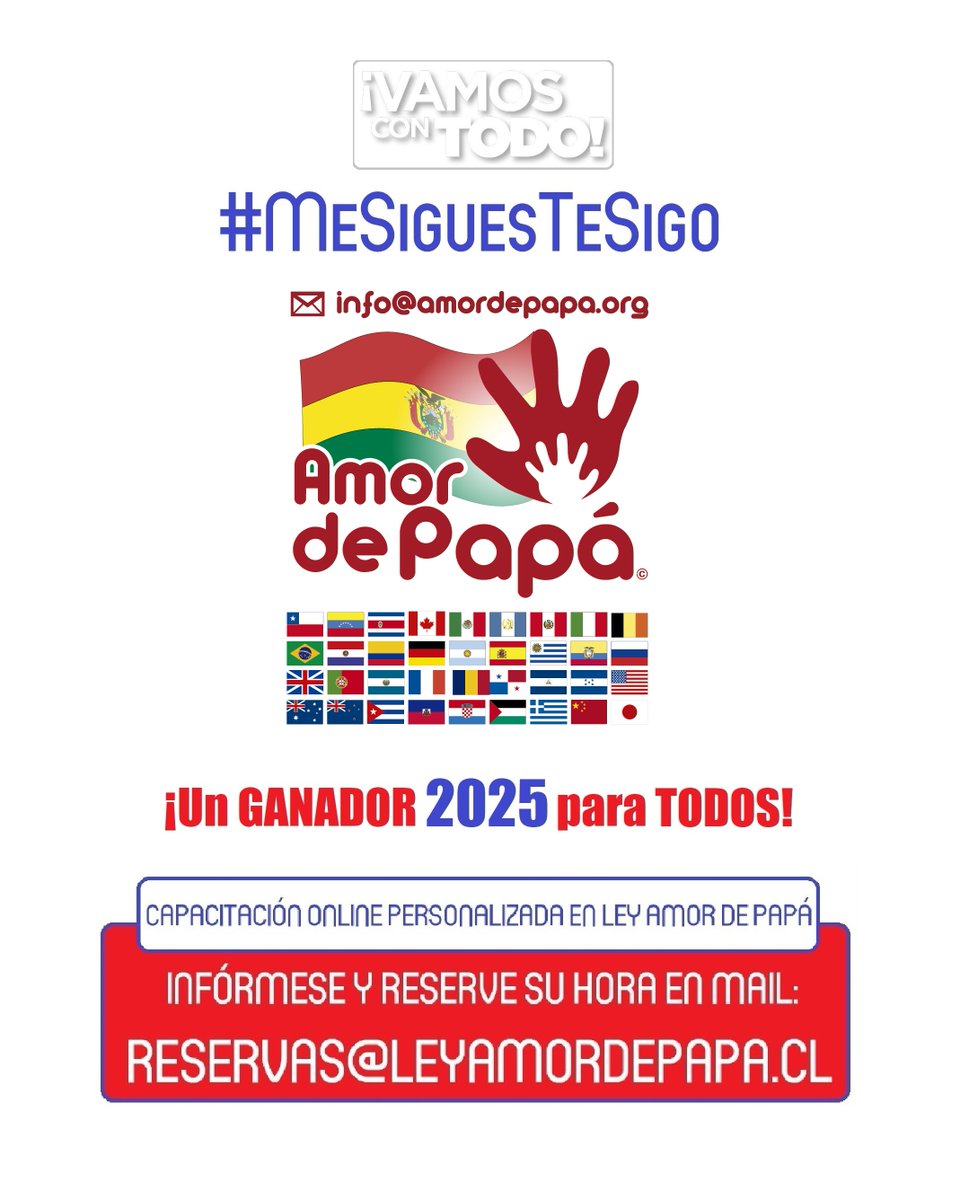 AmordePapa's tweet photo. ¡A SEGUIR CRECIENDO!

--- FELICITACIONES a todos los PAPÁS BOLIVIANOS con quienes hemos GANADO el CUIDADO PERSONAL de sus HIJOS. ---

Este 2025 ¡VAMOS POR MÁS! #MeSiguesTeSigo #Bolivia @bolivianos_enchile

Le invitamos a escribirnos: reservas@leyamordepapa.cl

@AmordePapa https://t.co/lpbWKzxRgn