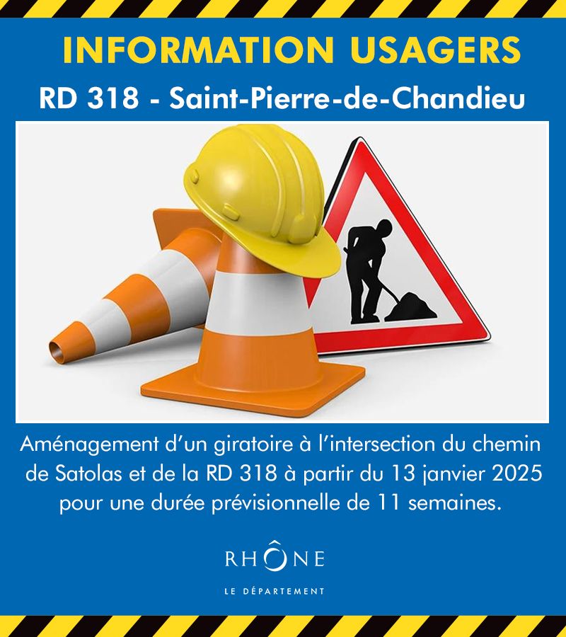 🚧 Travaux à Saint-Pierre-de-Chandieu : création d’un giratoire à l’intersection du chemin de Satolas et de la RD318 dès le 13/01.

👷 Durée prévue : 11 semaines (sous réserve météo)
⚠️ Circulation perturbée (feux alternés &amp; fermetures)

ℹ️ Plus d'infos: buff.ly/40pcWov