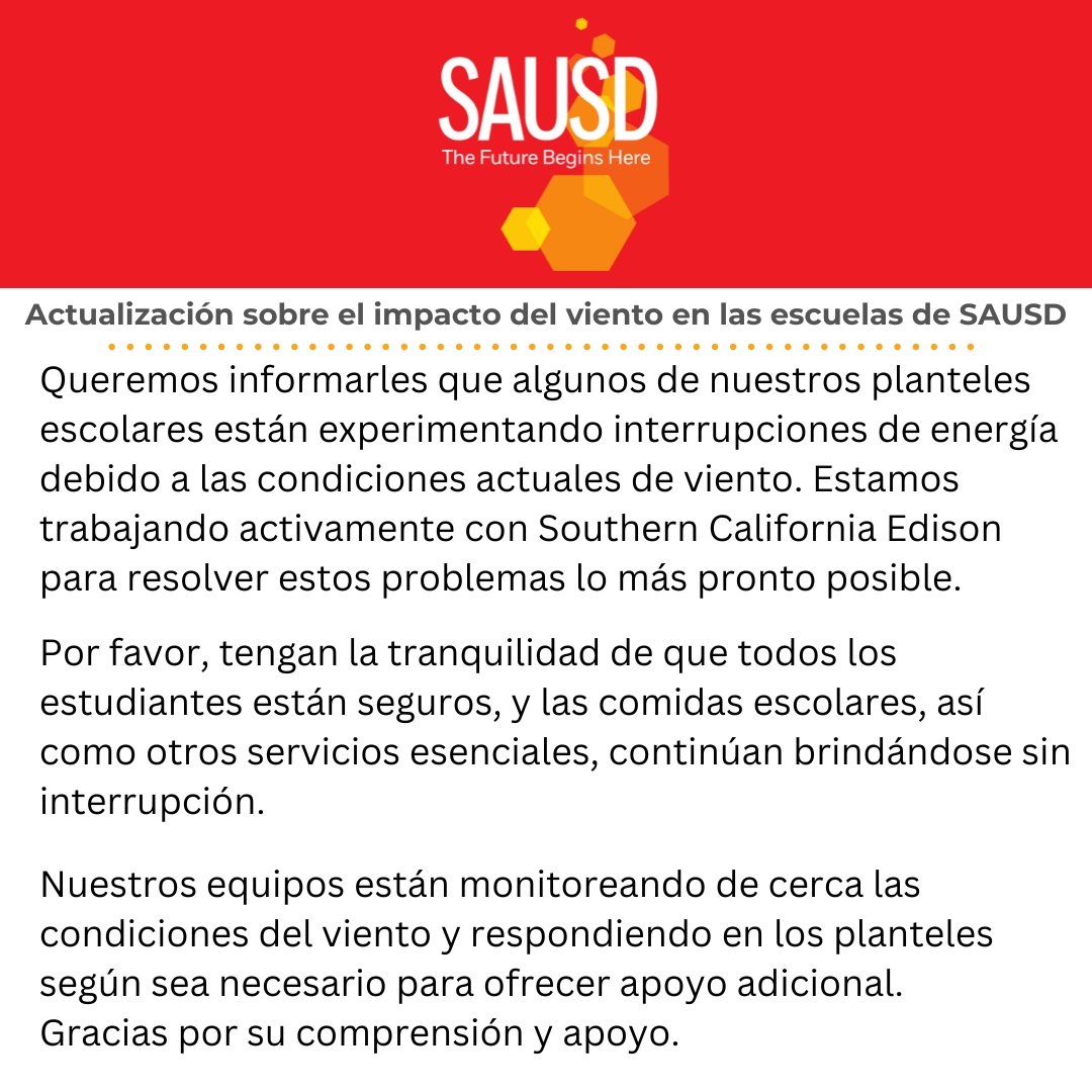 Please see important update on wind conditions at our #SAUSD campuses. Please note that all students remain safe and continue to receive all services while they remain at school.