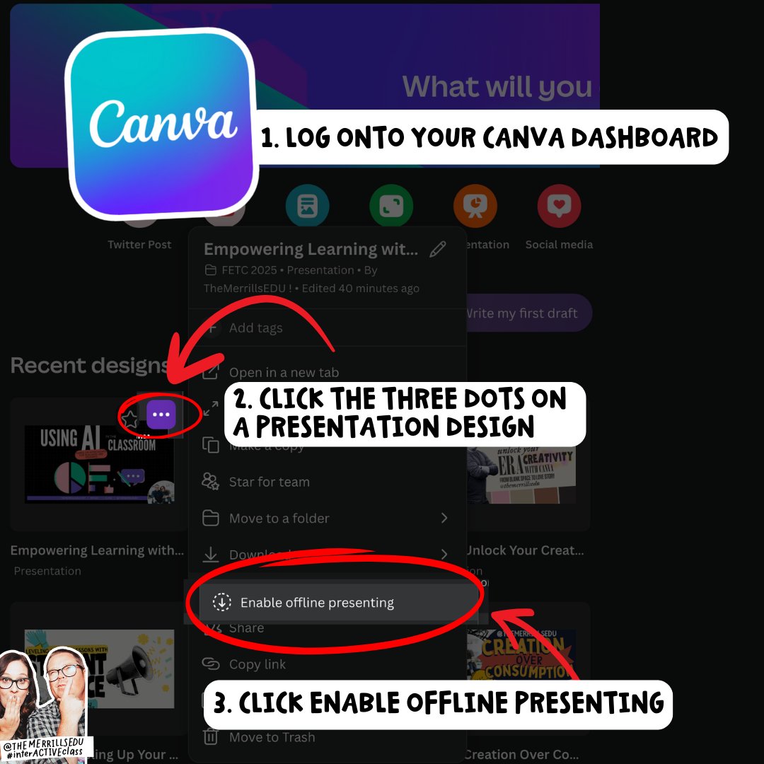 themerrillsedu πππ #interACTIVEclass (@themerrillsedu) on Twitter photo Are you presenting using @Canva at @FETC or <a href="/TCEA/">TCEA</a> soon? If so, you HAVE to see this tip! π
1οΈβ£ Log onto your dashboard
2οΈβ£ Click the three dots on a presentation
3οΈβ£ Click enable offline presenting
Now you don't have to worry about losing wifi! π―
@CanvaEDU #interACTIVEclass Are you presenting using @Canva at @FETC or <a href="/TCEA/">TCEA</a> soon? If so, you HAVE to see this tip! π
1οΈβ£ Log onto your dashboard
2οΈβ£ Click the three dots on a presentation
3οΈβ£ Click enable offline presenting
Now you don't have to worry about losing wifi! π―
@CanvaEDU #interACTIVEclass
