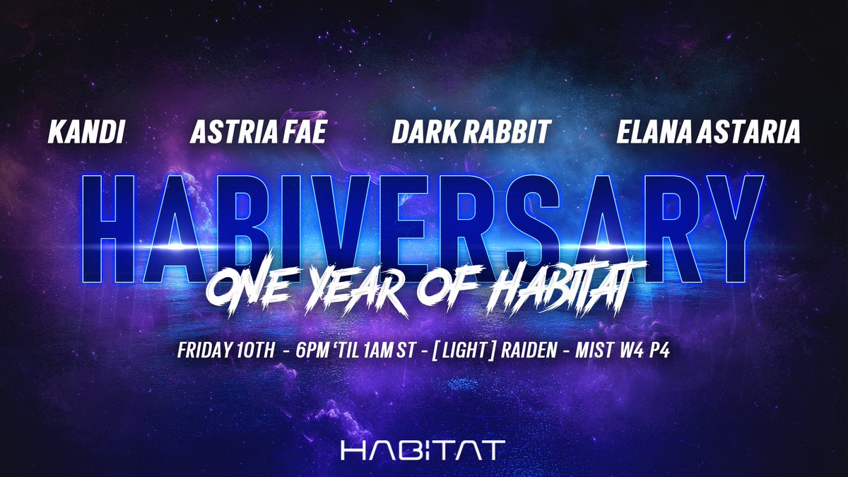 Habitat Nightclub (@habitatxiv) on Twitter photo We never sleep on Friday
10th January at Habitat
HABIVERSARY
One Year of Habitat!
<a href="/kandifloss_r/">Kandifloss Revina</a> <a href="/AstriaFae/">Astria ๐ ๐งโโ๏ธ</a> <a href="/DJDarkRabbit/">DJ Dark Rabbit</a> <a href="/elanaastaria/">๐ฌ๐๐๐๐ ๐จ๐๐๐๐๐๐๐โญ๏ธ</a>
Event Details: prtk.gg/45639
Join our Discord for more! discord.gg/habitatxiv We never sleep on Friday
10th January at Habitat
HABIVERSARY
One Year of Habitat!
<a href="/kandifloss_r/">Kandifloss Revina</a> <a href="/AstriaFae/">Astria ๐ ๐งโโ๏ธ</a> <a href="/DJDarkRabbit/">DJ Dark Rabbit</a> <a href="/elanaastaria/">๐ฌ๐๐๐๐ ๐จ๐๐๐๐๐๐๐โญ๏ธ</a>
Event Details: prtk.gg/45639
Join our Discord for more! discord.gg/habitatxiv