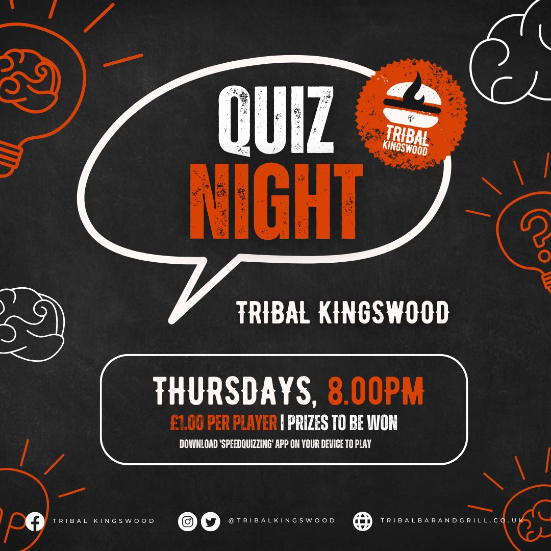 A reminder that Thursday night is quiz night at Tribal Kingswood and we're always looking for new teams and players to take part 🍻

Join us to test your pub quiz knowledge, with prizes to be won - secure your tables 🧠

Book 👉  tinyurl.com/vh6wcbwt

🍔 #TribalKingswood