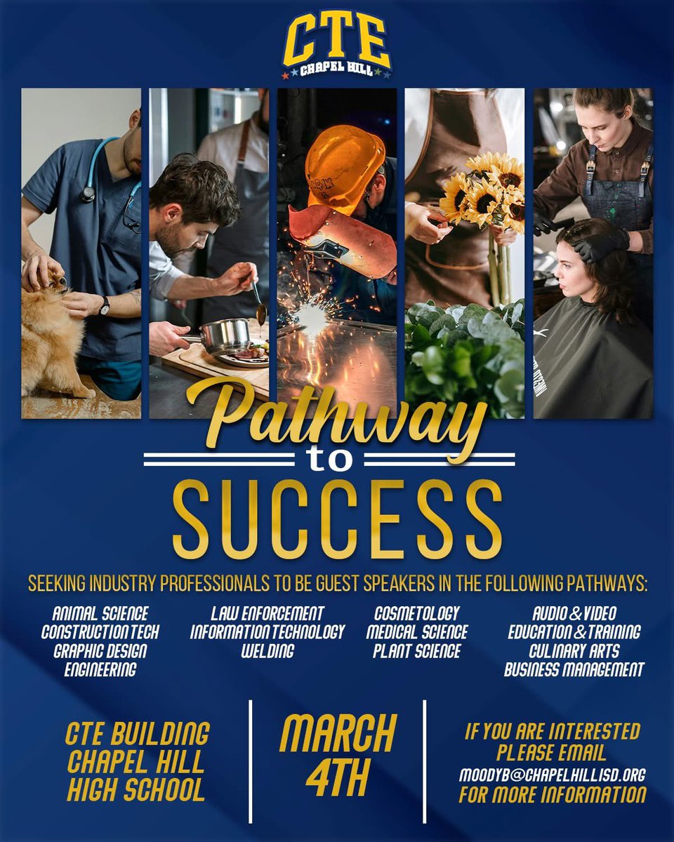 We are excited to invite professionals from a variety of fields to participate in our upcoming Pathway to Success event!

Let's work together to inspire and educate the next generation of leaders in our CTE programs and help them take the next step on their Pathway to Success!