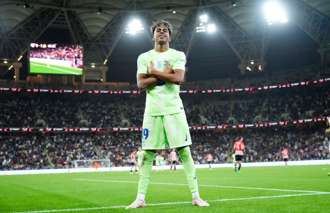 guller_10's tweet photo. Lamine Yamal gives Barcelona fans a glimpse of the celebration that will haunt them in the final. Mbappe and Madrid are coming for you.
#ATHFCB #SuperCup #TOTLIV https://t.co/BB1QsLmJ43