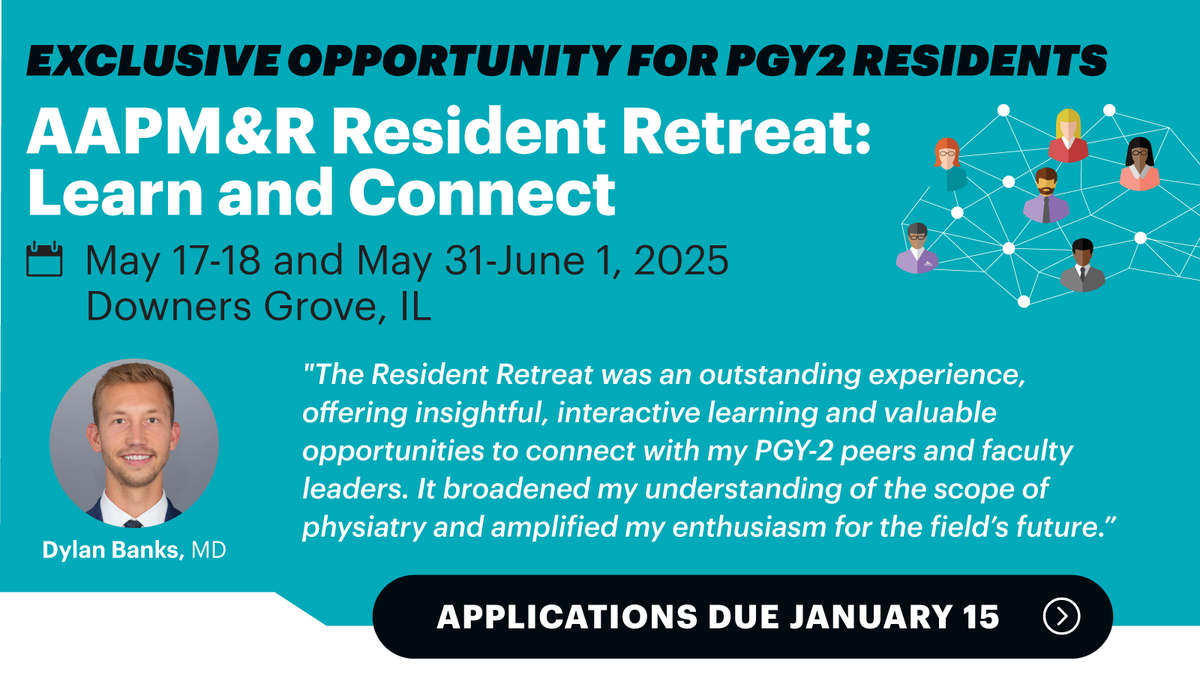 The application deadline for our second AAPM&amp;R Resident Retreat: Learn and Connect (designed for PGY2's) is ONE week away!

Don't miss out on this highly interactive and hands-on experience taught by national leaders and mentors in PM&amp;R!

See what previous attendee <a href="/DylanWBanks/">Hot Marc</a>