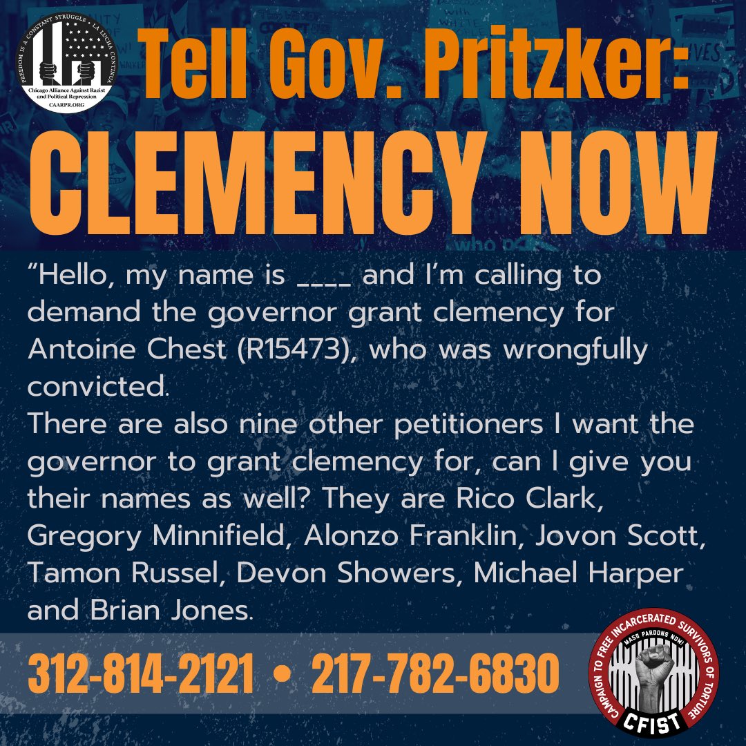 abolitionistjoh's tweet photo. #StopCopCity
Call #GovernorPrickster @ 312-814-2121 & 217-782-6830. Demand it grants #clemancy for #AntoineChest who is #WrongfullyIncarcerated. As well as #RicoClark, #GregoryMinnifield, #AlonzoFranklin, #JovonScott, #TamonRussel, #DevonShowers, #MichaelHarper & #BrianJones. https://t.co/PHUxPpr4EN