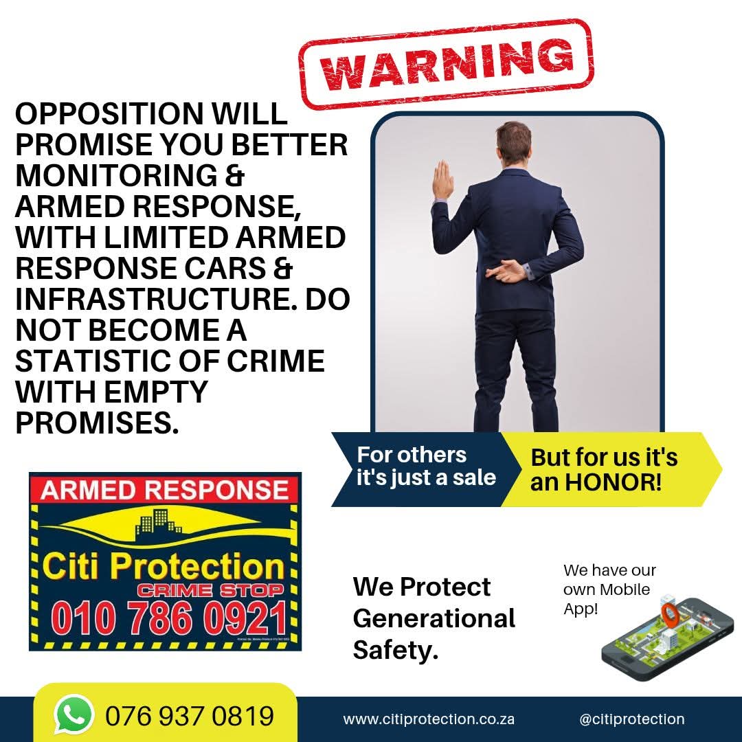 citiprotection's tweet image. We are Citi Protection | Armed Response | Alarm Systems and you are who we cherish and protect 👮🏿‍♂️💙👮💛
#fasterresponse
