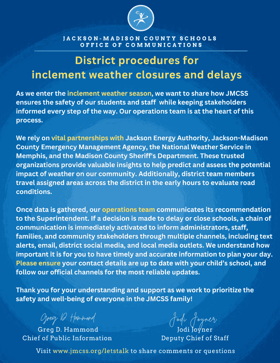 JMCSchools's tweet photo. As we enter the inclement weather season, we want to share how JMCSS ensures the safety of our students and staff while keeping stakeholders informed every step of the way. #Service #Support https://t.co/SoLk7HhqZg