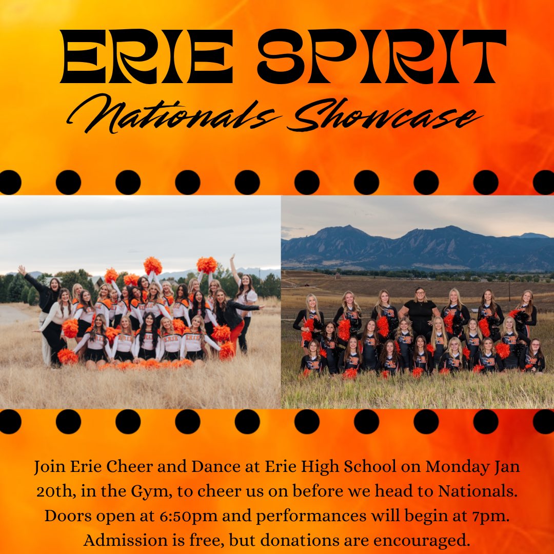 Erie Cheer (@cheer_erie) on Twitter photo Head to EHS on 1/20 to watch and support cheer and dance before we head to Nationals! 🤩 <a href="/ErieHSAthletics/">Erie HS Athletics</a> <a href="/ErieHighSchool/">Erie High School</a> <a href="/ErieDanceTeam/">Erie Dance Team</a> Head to EHS on 1/20 to watch and support cheer and dance before we head to Nationals! 🤩 <a href="/ErieHSAthletics/">Erie HS Athletics</a> <a href="/ErieHighSchool/">Erie High School</a> <a href="/ErieDanceTeam/">Erie Dance Team</a>