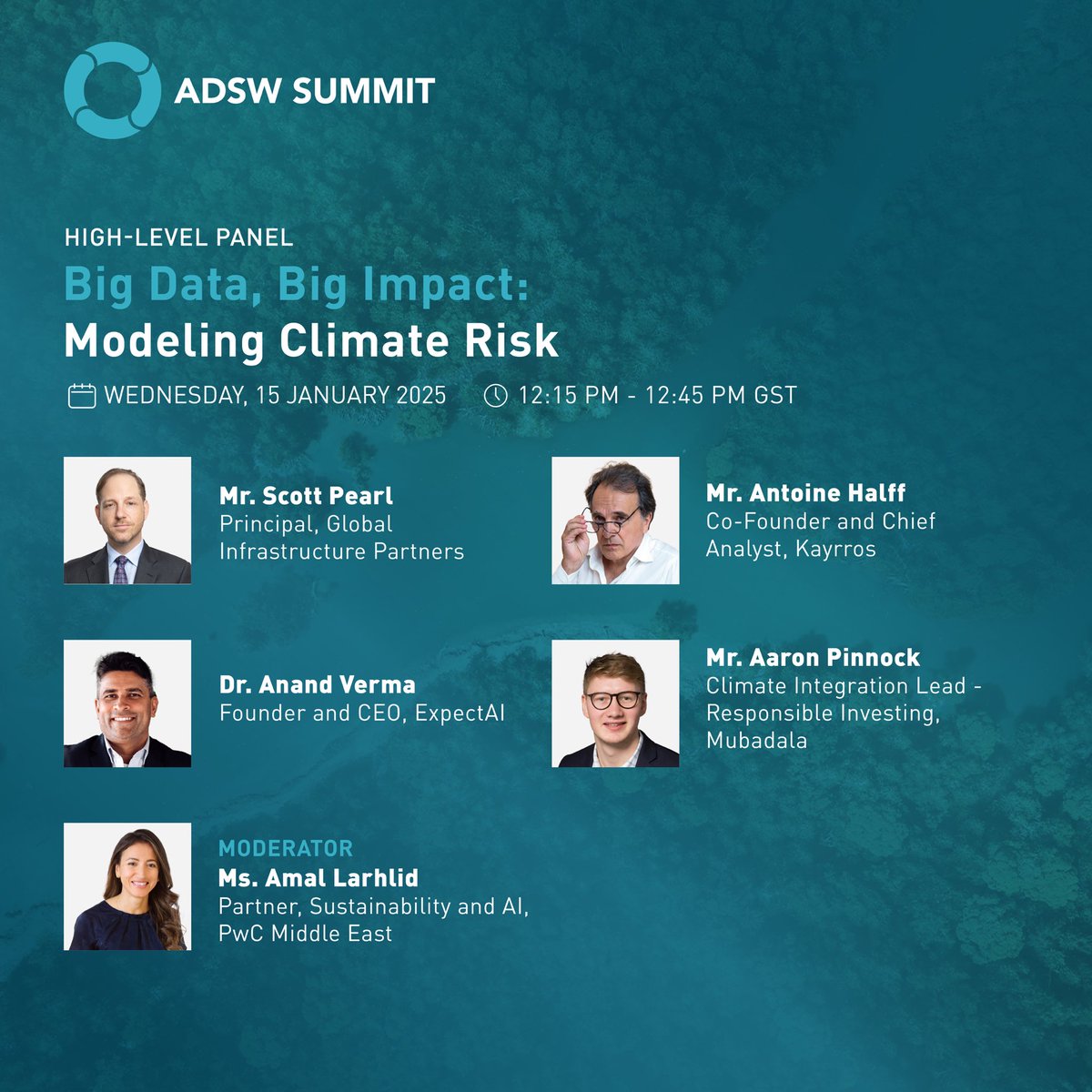 The high-level panel titled, “Big Data, Big Impact: Modeling Climate Risk”, part of the #ADSWSummit, will explore hwow we can transform the trillion-dollar gap between data availability and actionable climate solutions.

Speakers include experts from Global Infrastructure